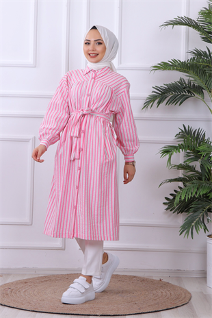 Çizgili Cep Ve Düğme Detaylı Tunik Pembe