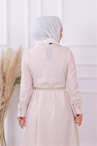 Çizgili Elbise Bej-Beyaz