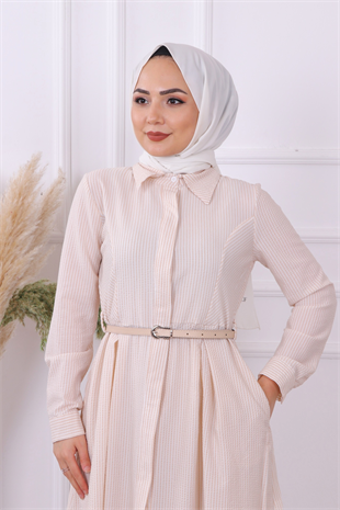 Çizgili Elbise Bej-Beyaz