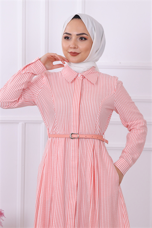 Çizgili Elbise Pembe-Beyaz