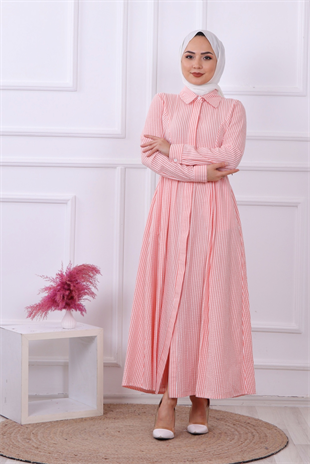 Çizgili Elbise Pembe-Beyaz