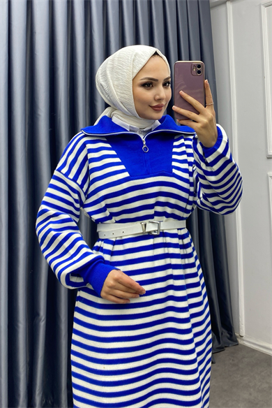 Çizgili Fermuarlı Triko Elbise Mavi