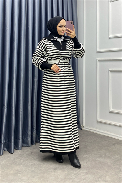 Çizgili Fermuarlı Triko Elbise Siyah