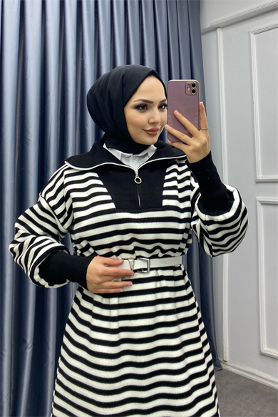 Çizgili Fermuarlı Triko Elbise Siyah