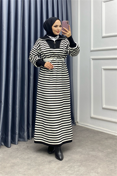 Çizgili Fermuarlı Triko Elbise Siyah