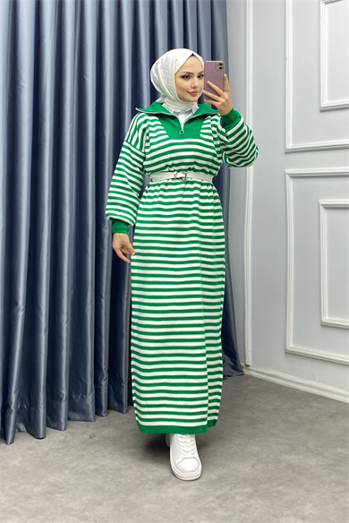 Çizgili Fermuarlı Triko Elbise Yeşil