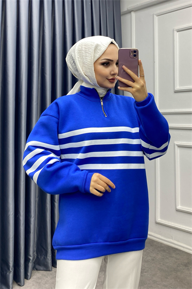 Çizgili Fermuarlı Üç İplik Sweat Mavi
