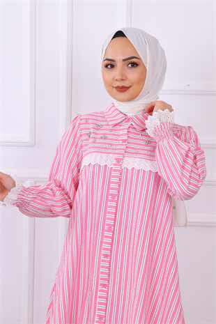 Çizgili Güpür Taş Detaylı Tunik Pembe