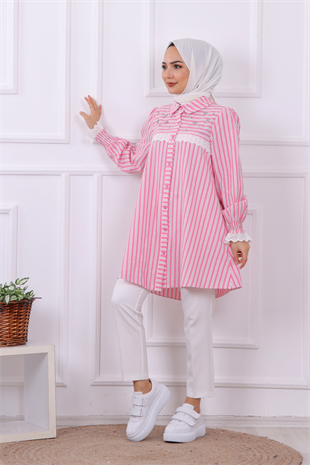 Çizgili Güpür Taş Detaylı Tunik Pembe