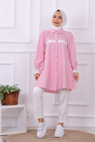 Çizgili Güpür Taş Detaylı Tunik Pembe