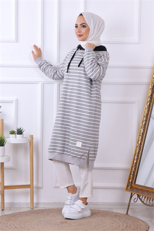 Çizgili Kapşonlu Sweat