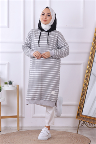 Çizgili Kapşonlu Sweat
