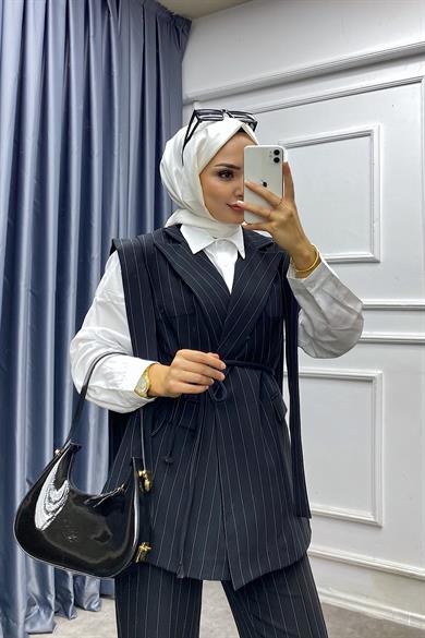 Çizgili Kuşaklı Yelekli Takım Siyah