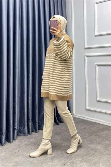 Çizgili Nakışlı Balon Kol Tunik Camel