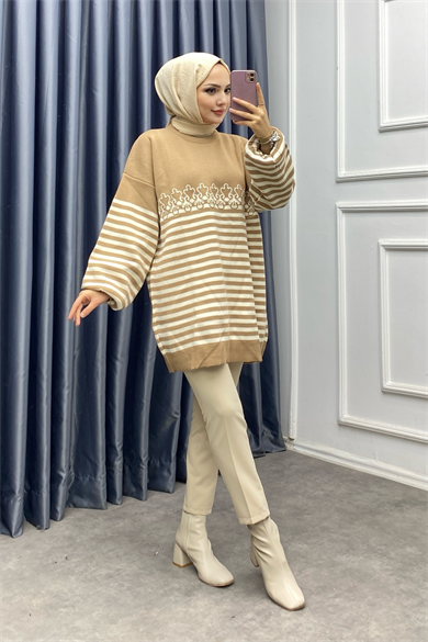Çizgili Nakışlı Balon Kol Tunik Camel