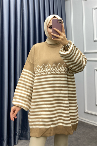 Çizgili Nakışlı Balon Kol Tunik Camel