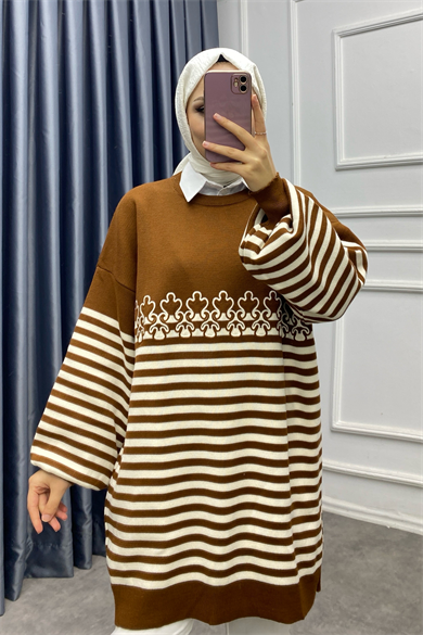 Çizgili Nakışlı Balon Kol Tunik Taba