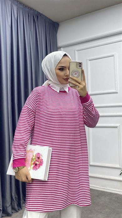 Çizgili Sweat Fuşya