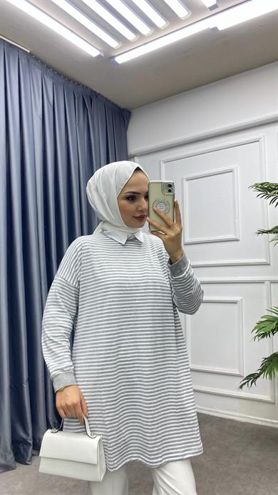 Çizgili Sweat Gri