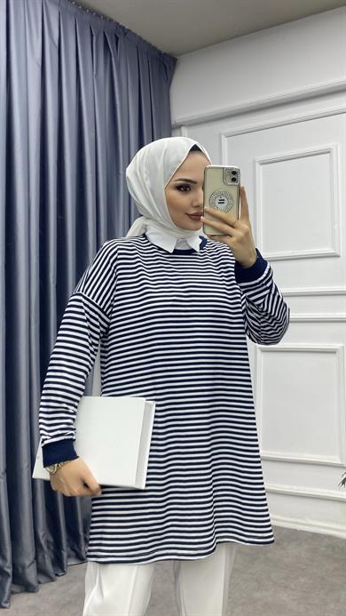 Çizgili Sweat Lacivert