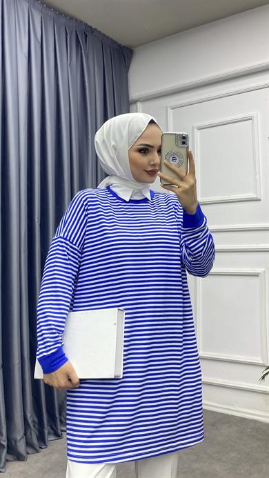 Çizgili Sweat Saks Mavisi
