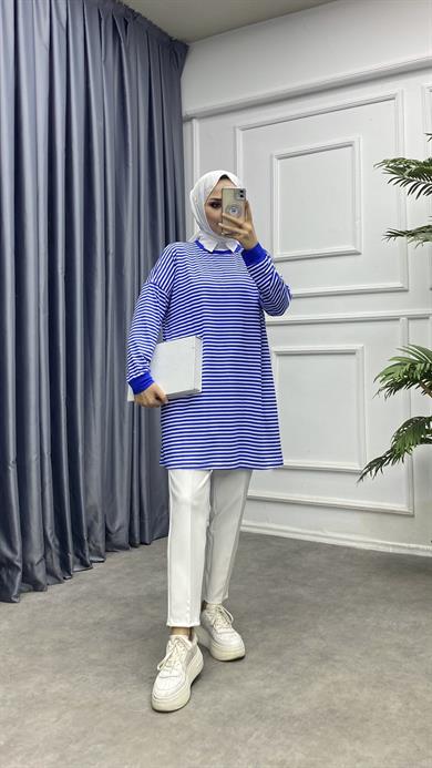 Çizgili Sweat Saks Mavisi