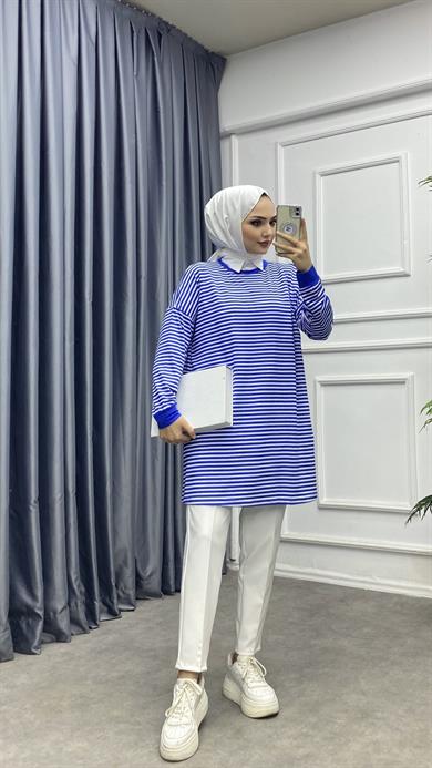 Çizgili Sweat Saks Mavisi