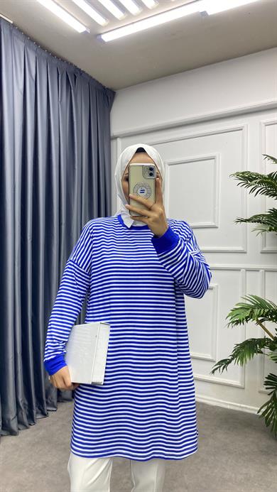 Çizgili Sweat Saks Mavisi