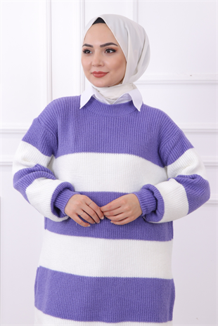 Çizgili Tunik Mor Beyaz