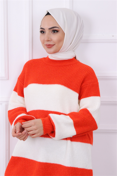 Çizgili Tunik Nar Çiçeği Beyaz