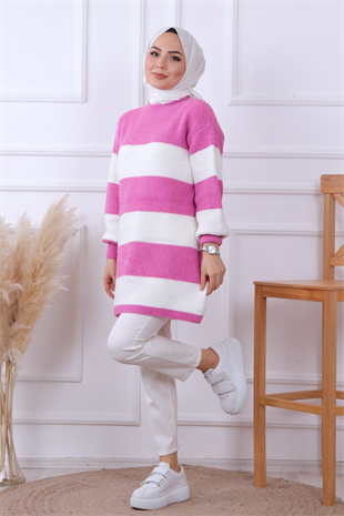 Çizgili Tunik Pembe-Beyaz