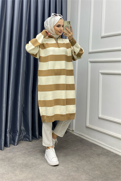 Çizgli Tunik Camel Krem
