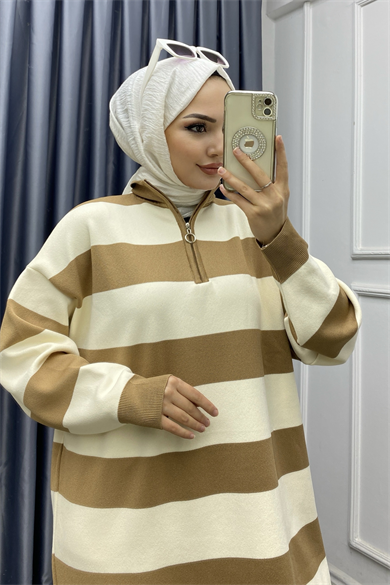 Çizgli Tunik Camel Krem