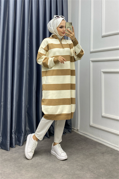 Çizgli Tunik Camel Krem
