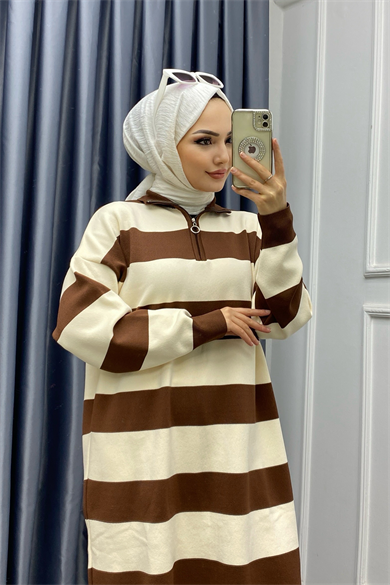 Çizgli Tunik Kahverengi -Krem