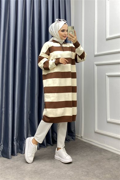 Çizgli Tunik Kahverengi -Krem
