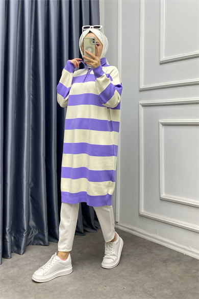 Çizgli Tunik Lila Krem