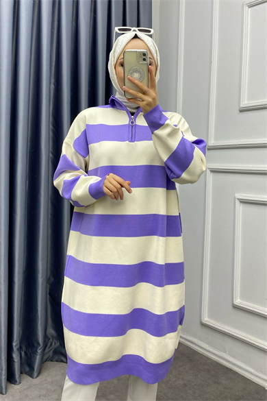 Çizgli Tunik Lila Krem