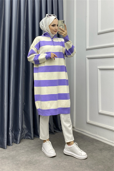 Çizgli Tunik Lila Krem