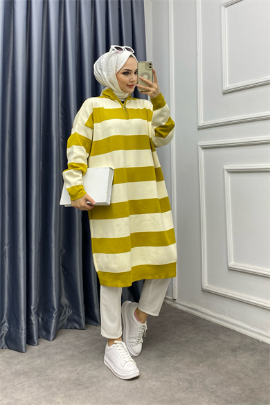 Çizgli Tunik Yağ Yeşili-Krem