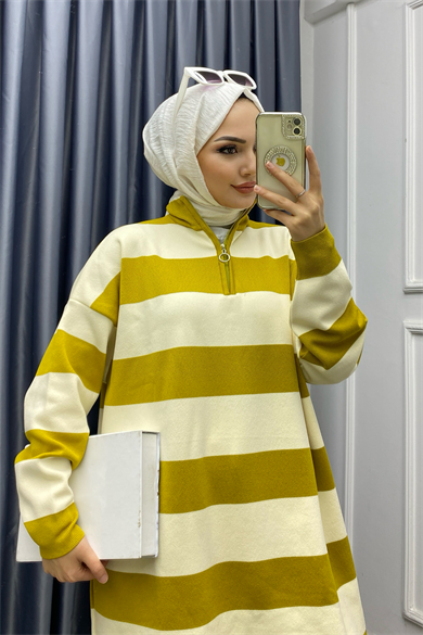 Çizgli Tunik Yağ Yeşili-Krem