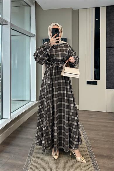 Ekose Desen Elbise Kahverengi