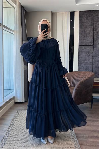 Fırfırlı Şifon Elbise Lacivert