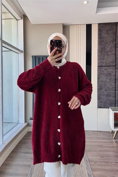 Kalp Düğmeli Yumoş Hırka Bordo