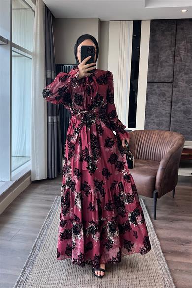 Çiçek Desenli Elbise Bordo