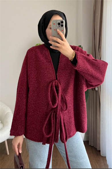 Önü Bağcıklı Kaşmir Ceket Bordo