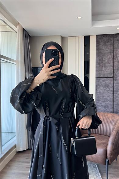 Üzeri Taş Detay Saten Elbise Siyah