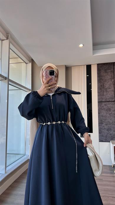 Yakası Geniş Skuba Elbise Lacivert