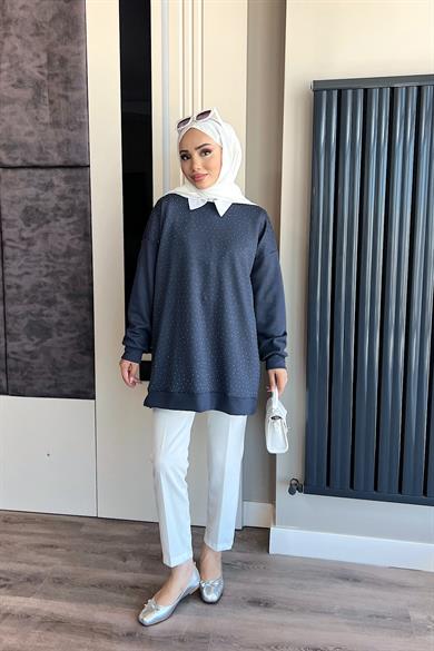 Modal Kumaş Taşlı Sweat Füme