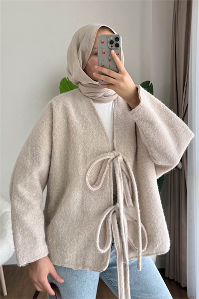 Önü Bağcıklı Kaşmir Ceket Bej
